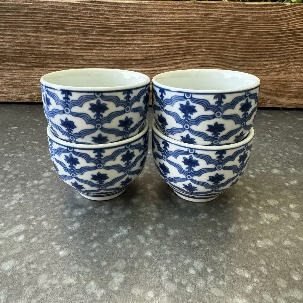 Vintage Bombay 4pc Set Small Porcelain Saki Sake Teacups Cobalt Blue White 6 oz